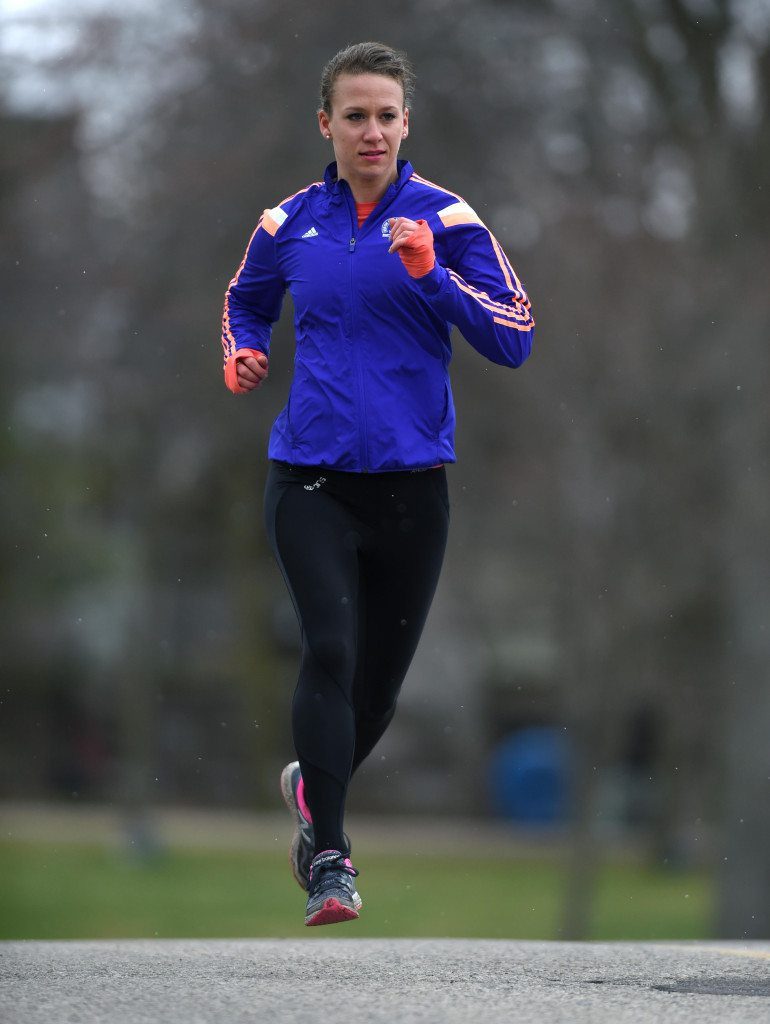 Waterloo, Ontario - 15-04-23 - News - Jessica Kuepfer, 25, runs in Waterloo Park, Thursday. She completed her first Boston Marathon this year. Mathew McCarthy, Record staff - see story by Jeff Hicks. Waterloo Region Record- shot 5:38:24 PM-15-04-23-Waterloo