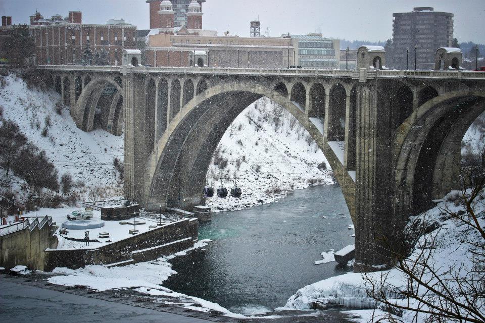 snowing on bridge